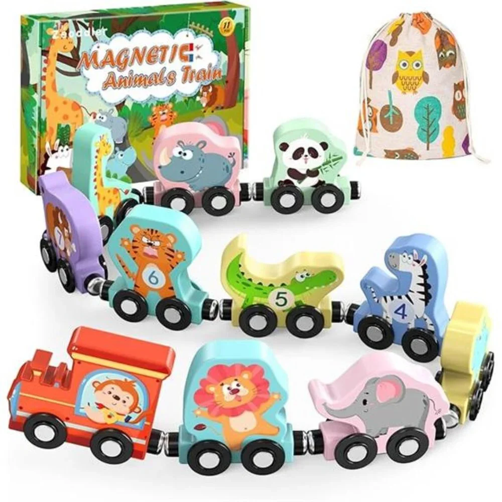 Toys for Toddlers, 11 Magnetic Wooden Animals Train Set, Montessori Toys